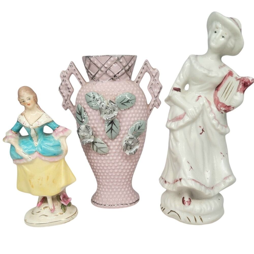 Coquette Porcelain Figurine Lot 2 Victorian Ladies and Vase Romantic Cottagecore